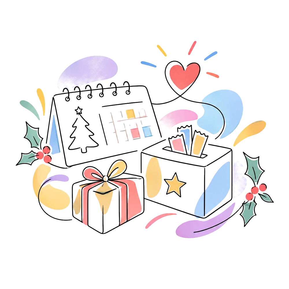 Ilustración de un calendario de Navidad junto a regalos y una cesta