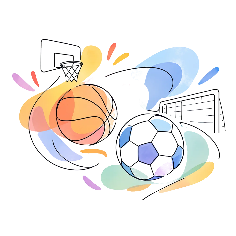 Ilustración de un balón de baloncesto y otro de fútbol ante una canasta y una portería