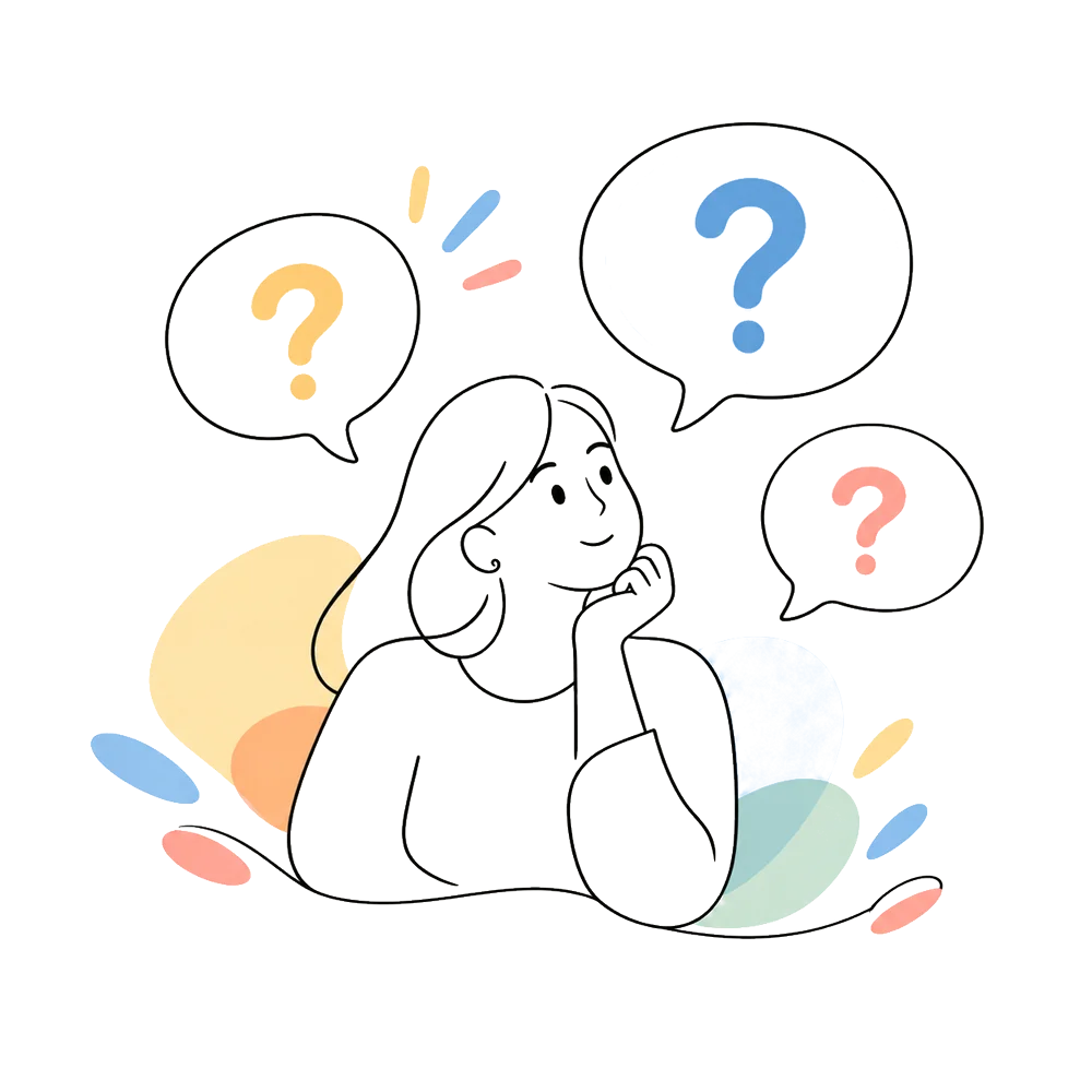 Ilustración de una persona pensativa rodeada de bocadillos con interrogaciones