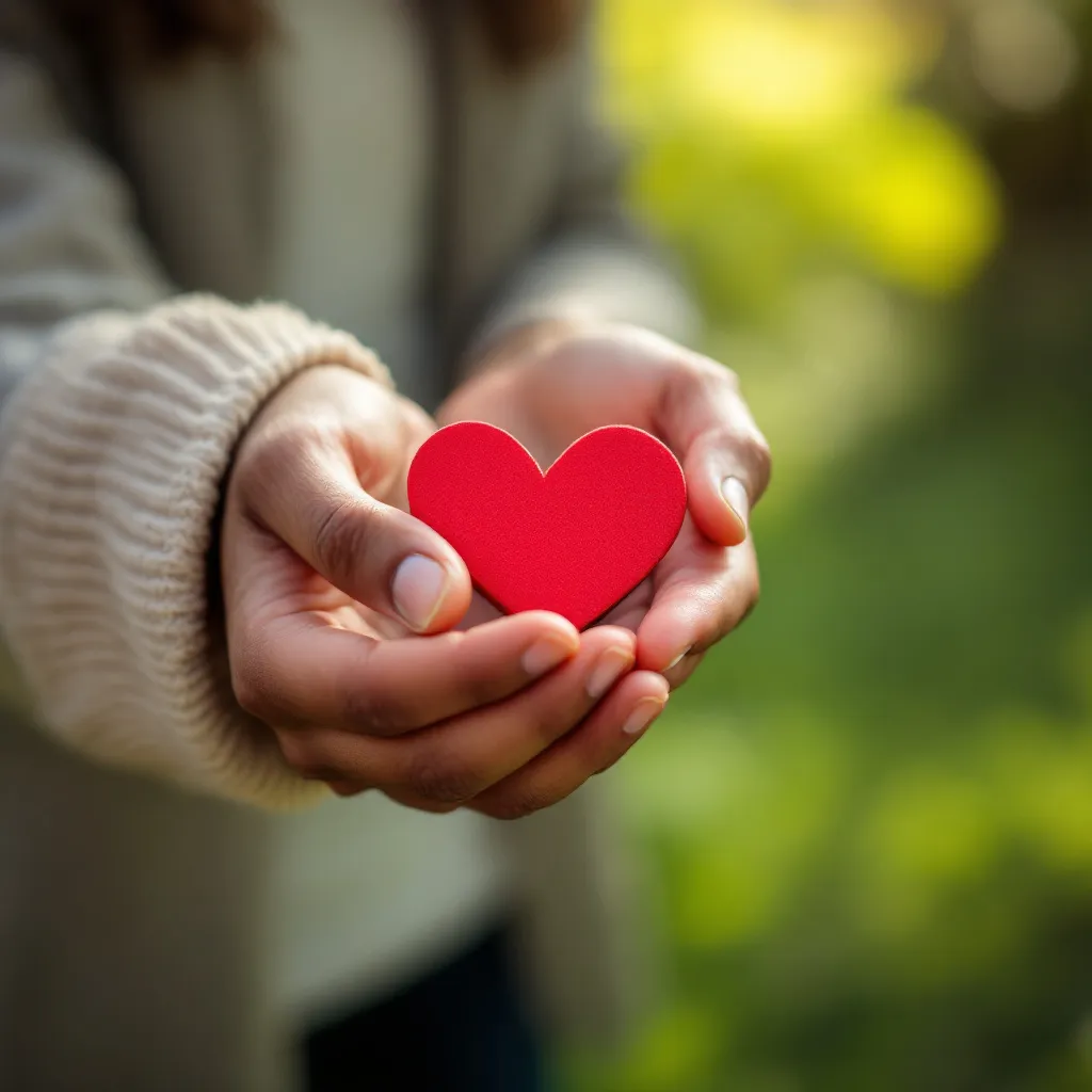 A hand delivering a red heart to another hand
