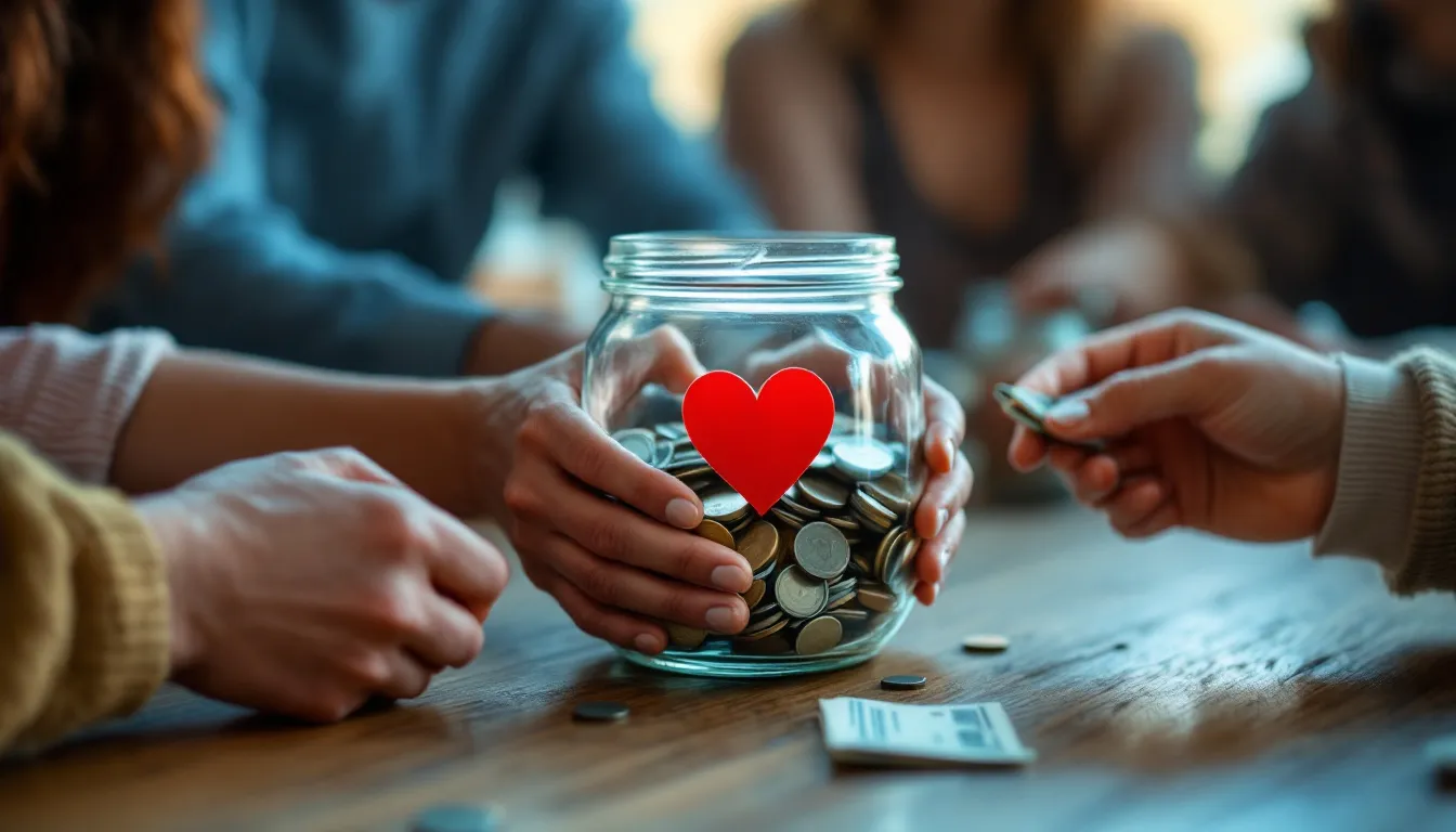 Hands contributing coins to a donation jar with a heart
