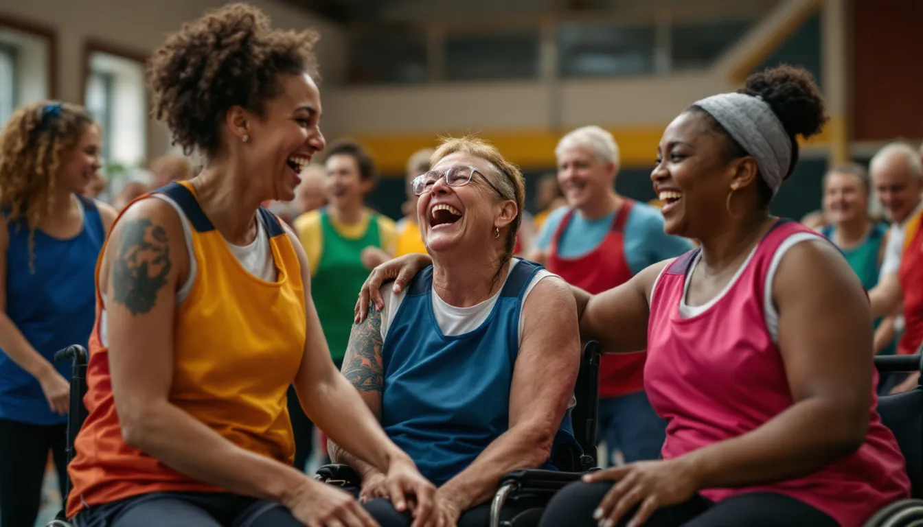 Inclusive sports team celebrating on a court
