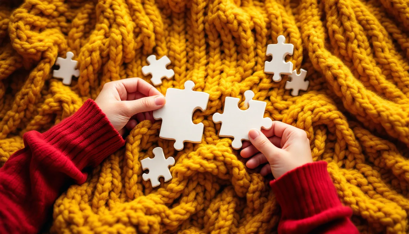 Hands of a child assembling a puzzle on a yellow blanket